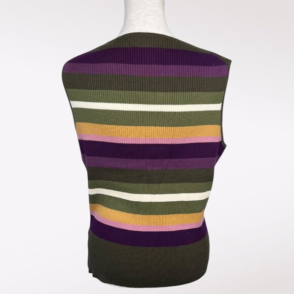 Y2K Striped Sweater Vest Purple Olive Gold Pink Ribbed Knit Retro 2000s Large - Picture 5 of 7